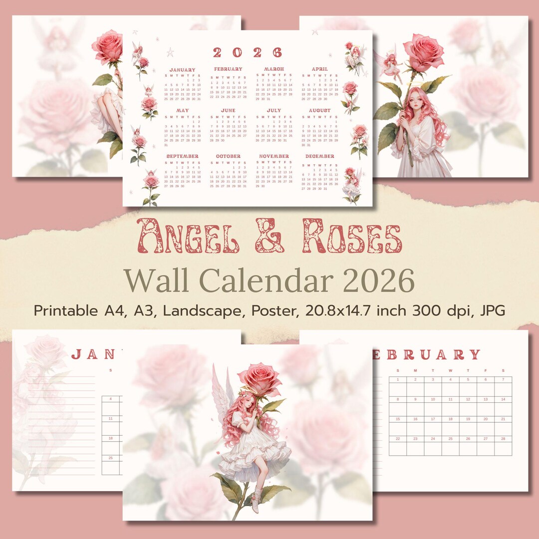 Angel & Roses Wall Calendar 2026 Printable | Fairy Angel Floral Pink ...