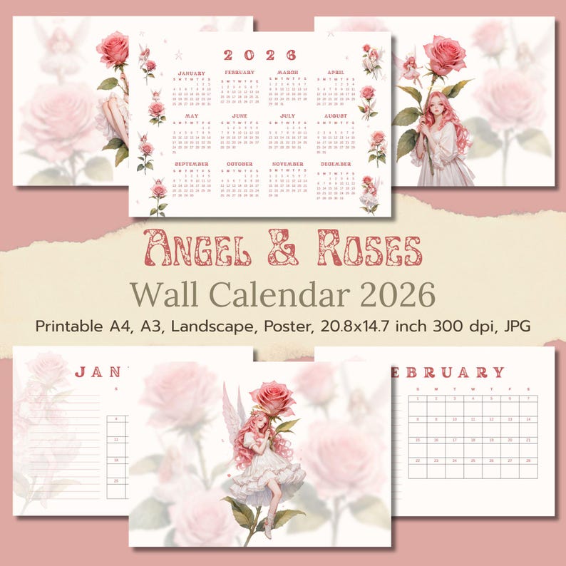 Angel & Roses Wall Calendar 2026 Printable | Fairy Angel Floral Pink ...