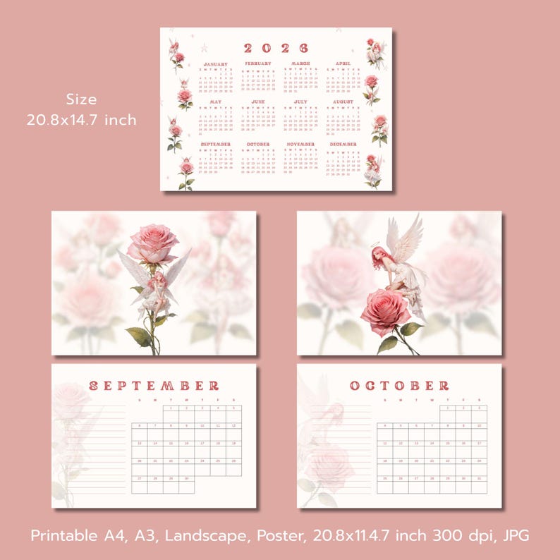 Angel & Roses Wall Calendar 2026 Printable | Fairy Angel Floral Pink ...