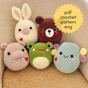 Squishy Animals Crochet Pattern PDF – Amigurumi Plush Toys Set – Hippo, Bear, Bunny, Axolotl, Frog