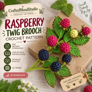 Op de afbeelding: Een haakpatroon voor een frambozentak broche van CraftedMoodStudio. Het ontwerp toont gehaakte frambozen in roze, donkerblauw en lichtgroen, met groene bladeren. De tekst bevat RASPBERRY TWIG BROOCH en US TERMS.