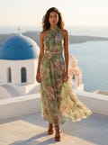 Wedding Guest Dress Women | Sage Green Floral Halter Maxi Dress | Boho Beach Vacation Garden Party Dress product logo