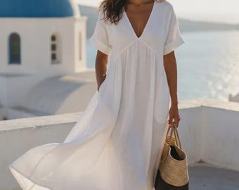 Vestido de playa para mujer | Vestido largo de lino con escote en V | Vestido de verano estilo boho de manga corta
