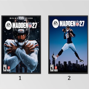 以下が含まれることがあります： ビデオゲーム「Madden 27」のカバーアートが描かれた2枚の額入りポスター。1枚目は雪の中で腕を組んだヘルメット姿の選手、2枚目は街のスカイラインの上でフットボールを投げるダークジャージ姿の選手が描かれています。両方にEA SportsとNFLのロゴが含まれています。