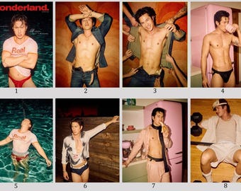 May include: A collage of eight images featuring a male model in various poses. The model is wearing a variety of clothing, including swim briefs, jeans, and a t-shirt. The images have a vintage aesthetic, with warm tones and soft lighting.