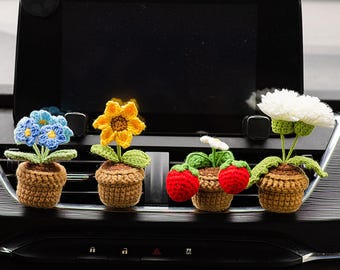かぎ針編みの車の通気口クリップ鉢植え | ミニフラワーデコレーション | 女性にかわいい | モバイルタイニーガーデン