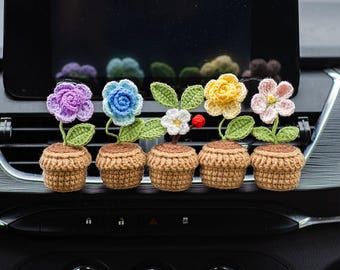 かぎ針編みの車の通気口クリップ、鉢植えの植物の装飾、植物愛好家へのギフト
