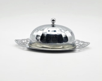 Vintage Silver-Plated Butter or Cheese Dish with Glass Insert – Filigree Design