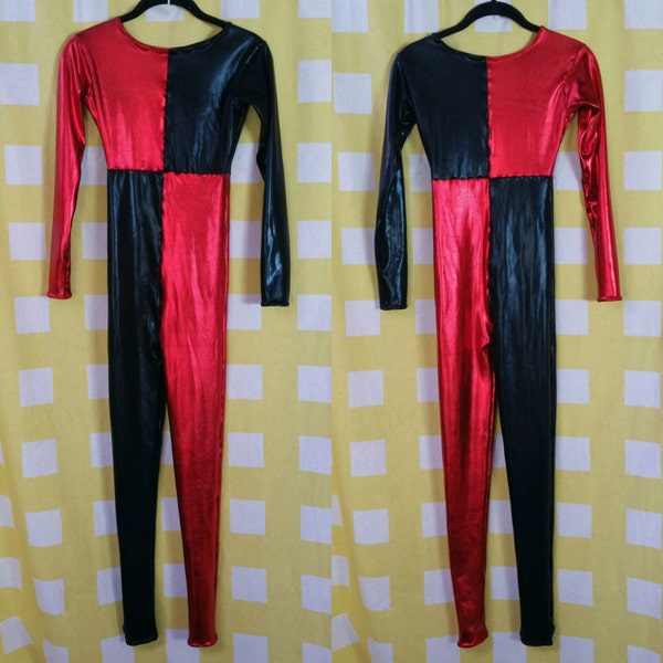 SAMPLE SALE RTS Small Harley Quinn Inspired Red And Black Metallic Jester Jumpsuit Costume