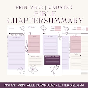 Könnte beinhalten: Druckbare Bibel-Kapitelzusammenfassungsblätter mit Abschnitten für Notizen, Themen und Schlüsselverse. Das Design umfasst Blumen- und Kreuzillustrationen mit dem Text "PRINTABLE | UNDATED BIBLE CHAPTER SUMMARY".