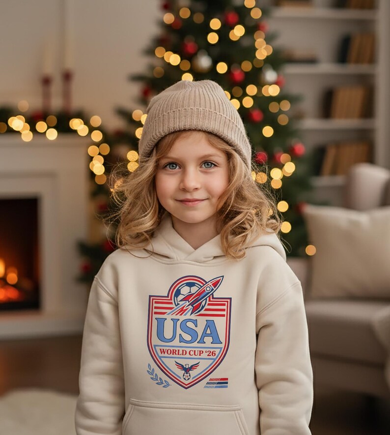 Peut inclure: Un sweat &agrave; capuche beige avec un motif graphique repr&eacute;sentant un ballon de football, une fus&eacute;e et le texte "USA WORLD CUP '26". Le sweat &agrave; capuche a une poche avant et une capuche &agrave; cordon. La personne porte un bonnet beige.