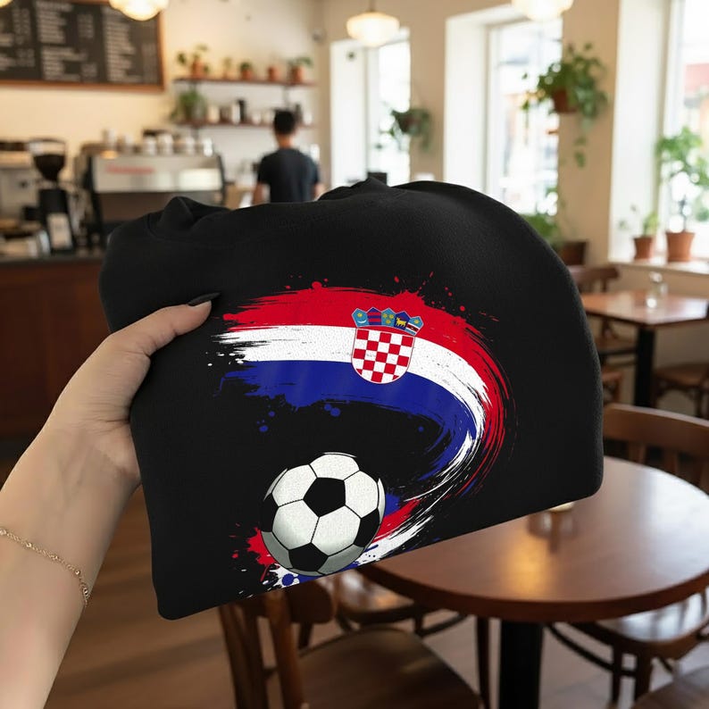 May include: Black sweatshirt featuring a soccer ball and a design in the colors of the Croatian flag: red, white, and blue. The design includes the Croatian coat of arms. The sweatshirt is held up in front of a cafe setting.