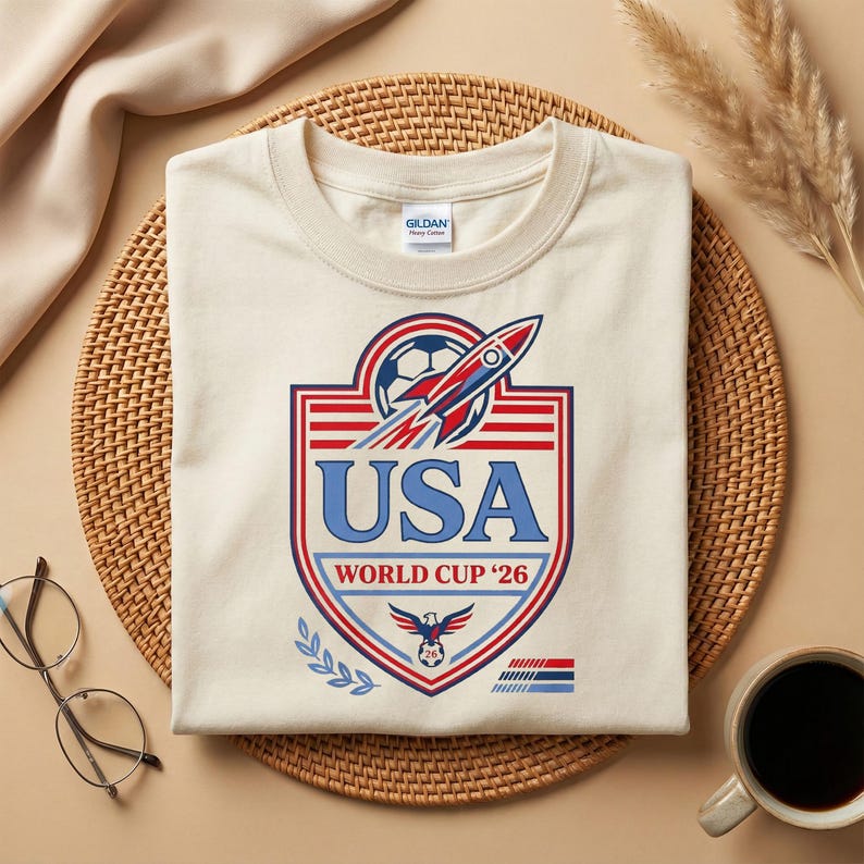 Peut inclure: T-shirt cr&egrave;me avec un graphisme pour la Coupe du Monde de la FIFA 2026 aux &Eacute;tats-Unis. Le design comprend un ballon de football, une fus&eacute;e et le mot "USA" en bleu, avec des accents rouges et bleus. Le t-shirt est en mati&egrave;re souple.
