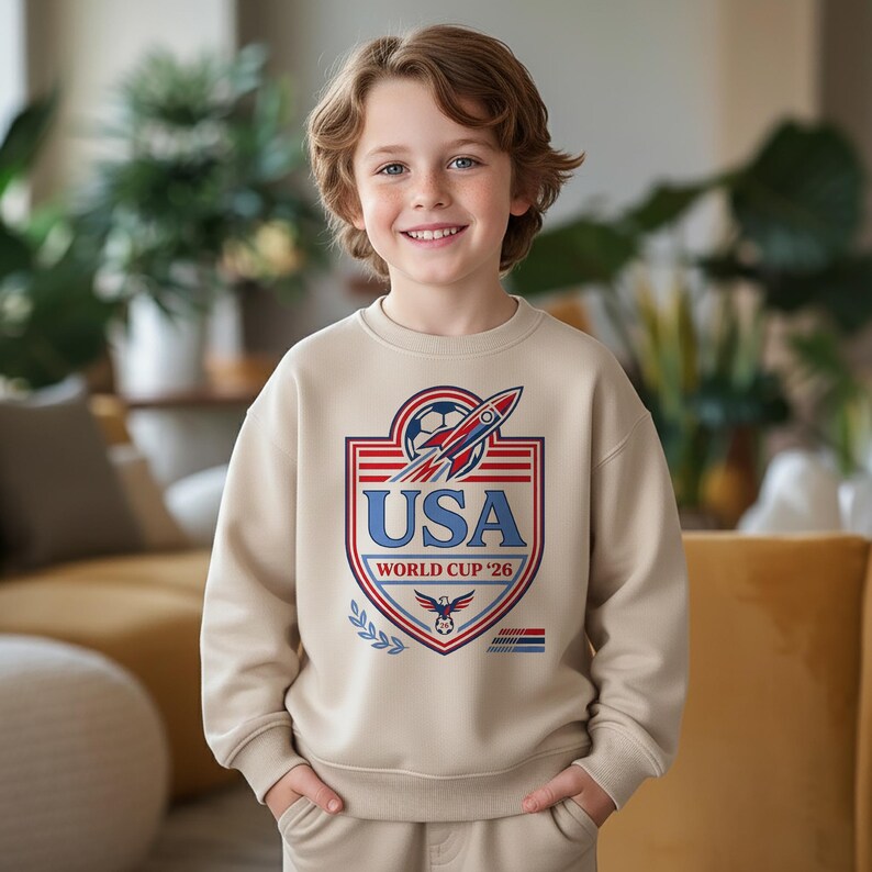 Peut inclure: Un sweat-shirt beige avec un motif graphique. Le motif comprend le texte "USA WORLD CUP '26", un ballon de football et une fus&eacute;e aux couleurs du drapeau am&eacute;ricain. Port&eacute; par un enfant.