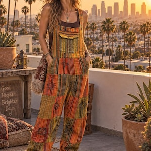 May include: A pair of overalls featuring a vertical striped pattern in shades of orange, yellow, green, and brown. The garment includes a front bib pocket, side pockets, and wide legs with black circular graphic prints throughout the fabric.