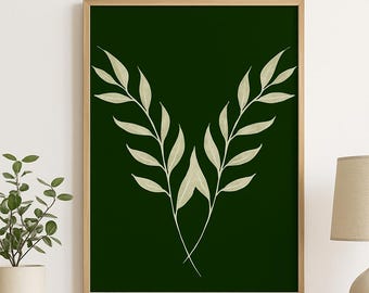 Botaniczny nadruk z liśćmi – minimalistyczna, głęboko zielona skandynawska sztuka ścienna (do pobrania cyfrowego)