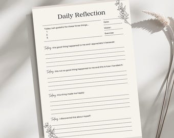 Dziennik codziennych refleksji | Beżowy planer do druku | Minimalistyczny szablon dbania o siebie | Arkusz ćwiczeń uważności i wdzięczności A4, list amerykański, PDF