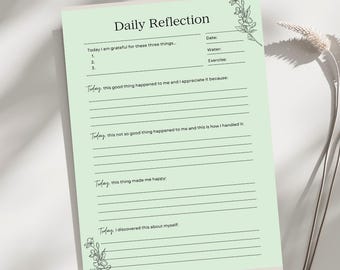 Dziennik codziennej refleksji | Planer do druku Sage Green | Arkusz ćwiczeń „Spokojna samoopieka” | Minimalistyczny szablon uważności A4, list amerykański, PDF