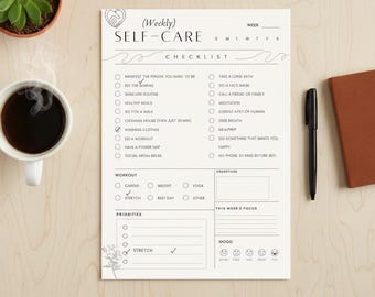 Tygodniowa lista kontrolna dbania o siebie do druku | Planer dobrego samopoczucia | Monitor zdrowia psychicznego | Szablon nastroju, wdzięczności i priorytetów | PDF