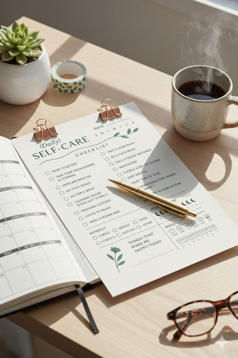 Daily Self Care Planner Printable Minimalist White Wellness Checklist ...