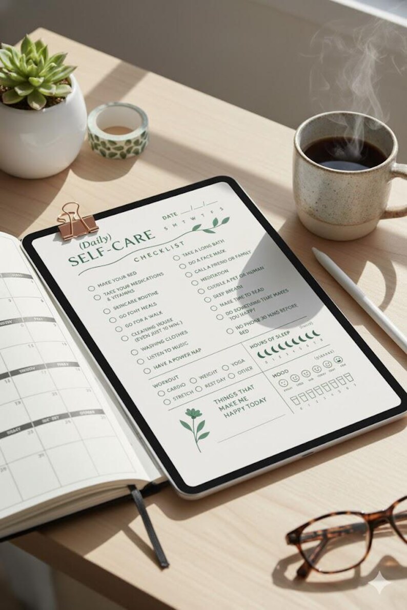 Daily Self Care Planner Printable Minimalist White Wellness Checklist ...