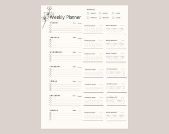 Minimalistyczny planer tygodniowy | Drukowany tracker dobrego samopoczucia | Tracker snu i wody | Wersja cyfrowa do pobrania | Neutralny, estetyczny planer