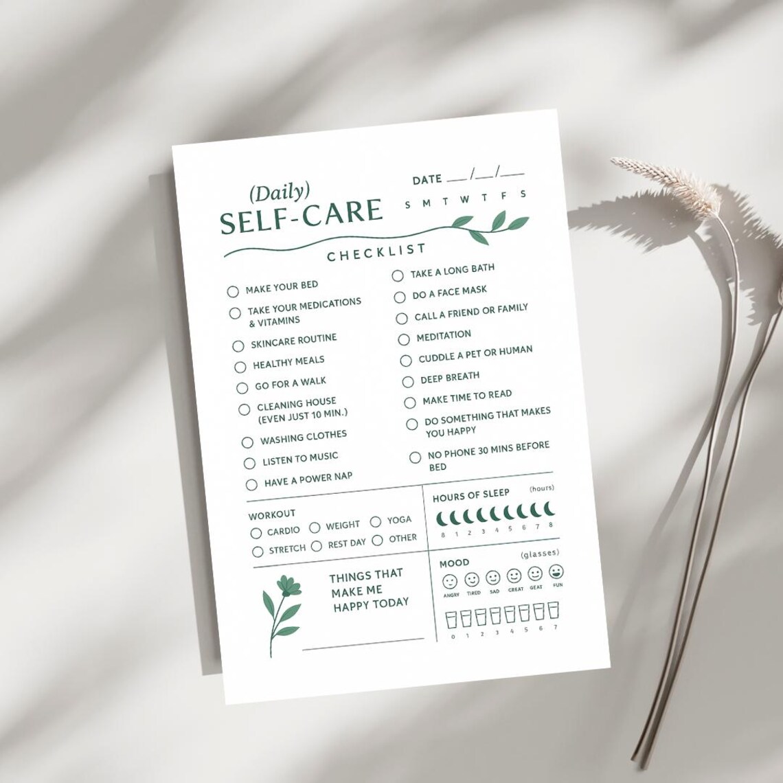 Daily Self Care Planner Printable Minimalist White Wellness Checklist ...