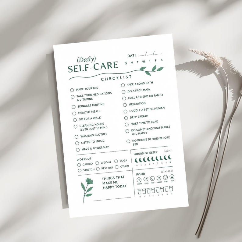 Daily Self Care Planner Printable Minimalist White Wellness Checklist ...