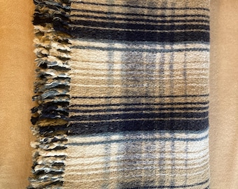 Manta vintage azul xadrez com franjas em mistura de lã, tamanho cabana/acampamento, 208 x 165 cm (82 x 65 polegadas), quente.