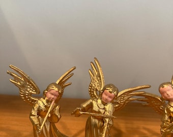 Juego vintage de 8 instrumentos musicales con forma de ángel y querubín, arpa, flauta y adornos navideños dorados de Hong Kong.