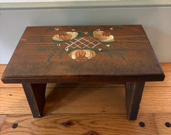 Vintage Hand Painted Wooden Step Stool - Rustic Folk Art Floral Footstool - Country Cottagecore Plant Stand Riser