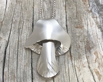 Sterling Silver Mushroom Pendant Necklace, Soft Satin Finish (18 inch chain)