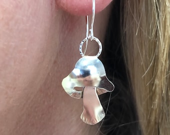 Garden mushroom sterling silver earrings. Lively to wear, all hand fabricated in Maine.
