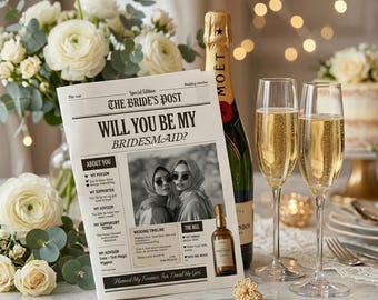 Bridesmaid Proposal Newspaper Template, Minimalist Wedding Newspaper, Bridesmaid Gift, Canva Editable Template, Bridal Party Proposal Idea