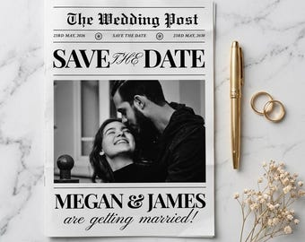 Wedding Newspaper Template Canva, 3 Page Editable Save The Date Template, Modern Editorial Wedding Invitation, Unique Newspaper Invite Card