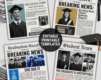 Graduation Newspaper Template Canva, Breaking News Graduation Announcement, Class of 2027 Newspaper Invite, Editable Senior Booklet Banner