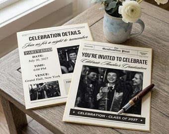Graduation Party Invitation Template Canva, Editable Graduation Newspaper Invite, Class of 2027 Party Invite, Senior Celebration Welcome