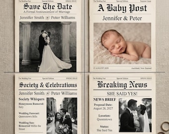 Wedding Newspaper Template Canva, 4 Page Vintage Editorial Wedding Invitation, Editable Save The Date Newspaper, Modern Printable Wedding