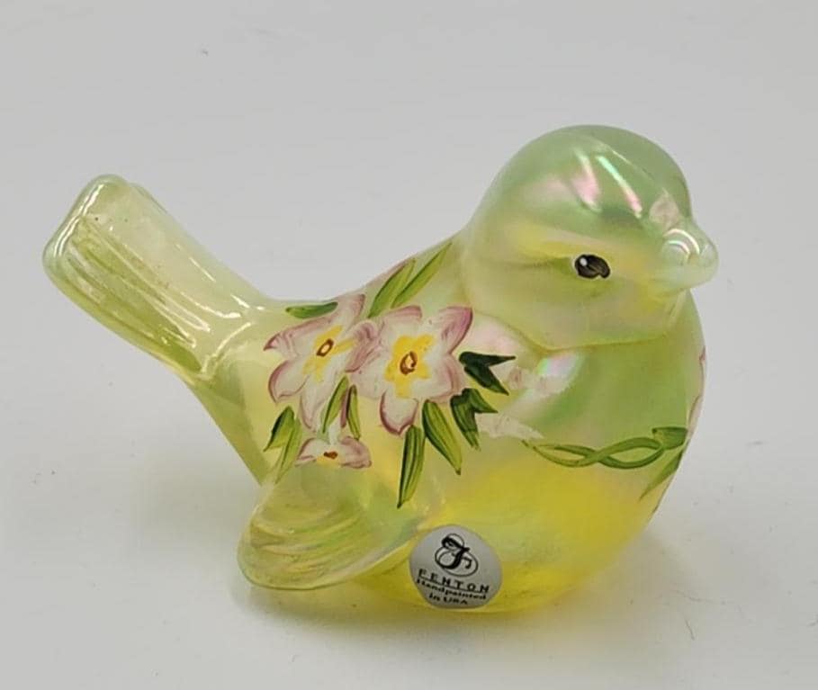 Fenton Topaz Opalescent Vaseline Uranium Bird Glass Figurine Phlox