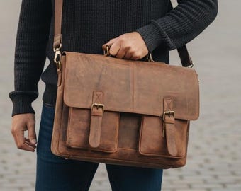 Customized Leather Briefcase, Leather Laptop Messenger Bag for Men, Mens Crossbody Shoulder Bag, Work Briefcase, Gift for Mens, Gift for Dad