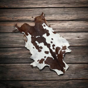 May include: A cowhide rug with a natural pattern of brown and white spots. The hide is irregularly shaped and lies on a rustic wooden surface, showcasing its texture and color variations.