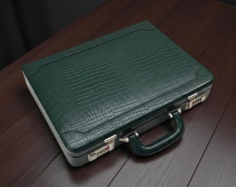 Genuine Leather Attache Briefcase for Men, Green Leather Briefcase, Green Leather Document Organizer, 14 inch Laptop bag, Gift for Men