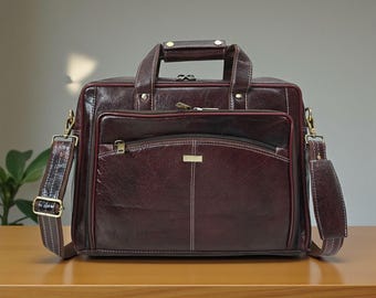 Genuine Leather Laptop Briefcase for Men, Brown Leather Laptop Bag, 15.6 inch Laptop Bag with Detachable Shoulder Strap, Christmas Gift Mens