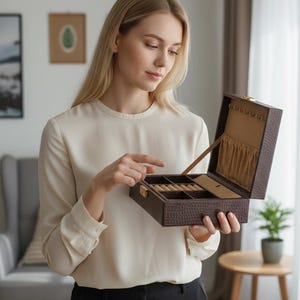 K&ouml;nnte beinhalten: Eine braune Schmuckschatulle mit Krokodilmuster ist ge&ouml;ffnet und zeigt F&auml;cher f&uuml;r Ringe und anderen Schmuck. Die Schatulle wird von einer Person gehalten, die eine cremefarbene Bluse und eine schwarze Hose tr&auml;gt. Der Innenraum ist mit beigem Stoff ausgekleidet.