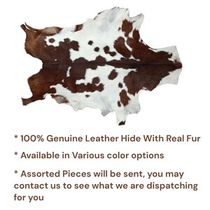 May include: A cowhide rug with a natural pattern of brown and white spots. The leather hide is irregularly shaped and has a soft, furry texture. The rug is suitable for home decor.