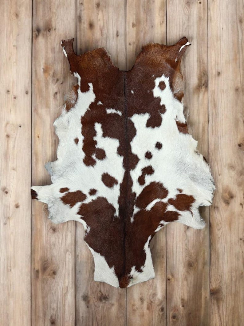 May include: A cowhide rug with a brown and white spotted pattern. The rug is laid out on a light brown wooden surface. The hide has a natural shape with irregular edges, showcasing the animal's original form.