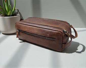 Personalized Leather Dopp Kit for Men – Handmade Leather Toiletry Bag, Travel Grooming Pouch, Vintage Brown Wash Bag, Gift for Men