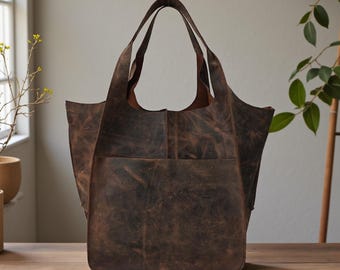Extra Große Leder Tragetasche, Braune Leder Schultertasche, Laptop Tragetasche für Frauen, Lebensmittelgeschäft Tasche, Leder Tragetasche für Reisen