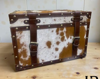 Handcrafted Hair-On Hide Leather Trunk, Vintage Style Storage Chest, English Trunk, Customized Leather Storage Box