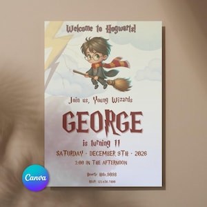 May include: A custom invitation with a Harry Potter theme. The invitation features an illustration of a young wizard on a broomstick, with the text "Welcome to Hogwarts!" and the name "GEORGE" in large letters. The invitation also includes the date, time, and RSVP information.
